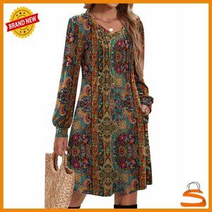 Long Sleeve Pleated V-Neck A-Line Tunic Dress with Pockets